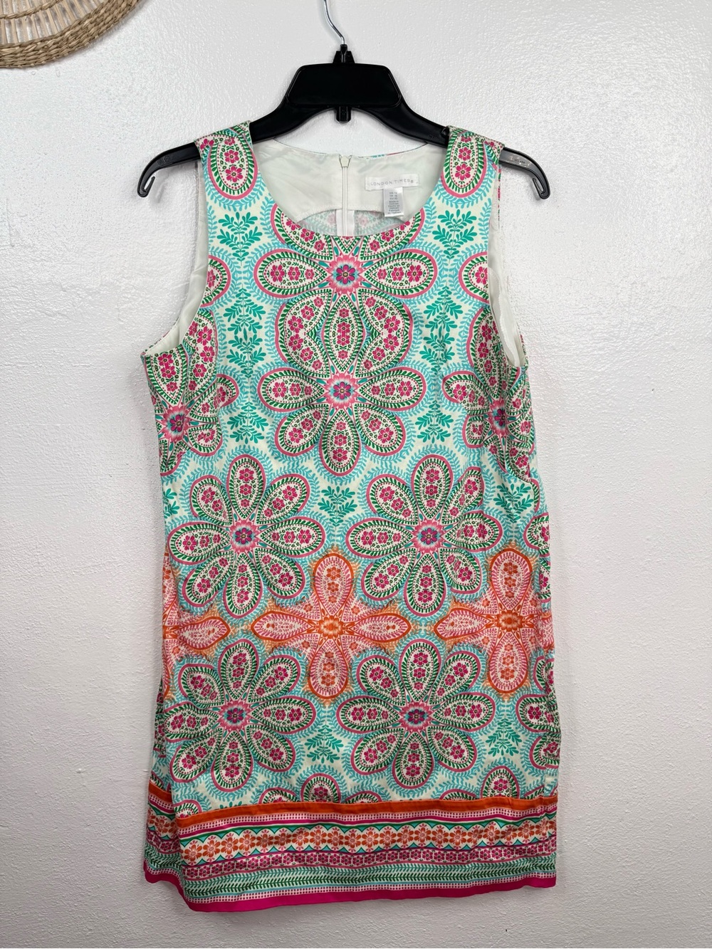 London Times Dress Womens Size 12 Pink Teal Shift Knee Sleeveless Floral